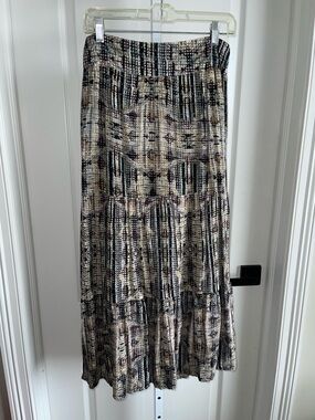 Solitaire Boho Midi Skirt Brown Cream Print Tiered Lined Flowy Size Large